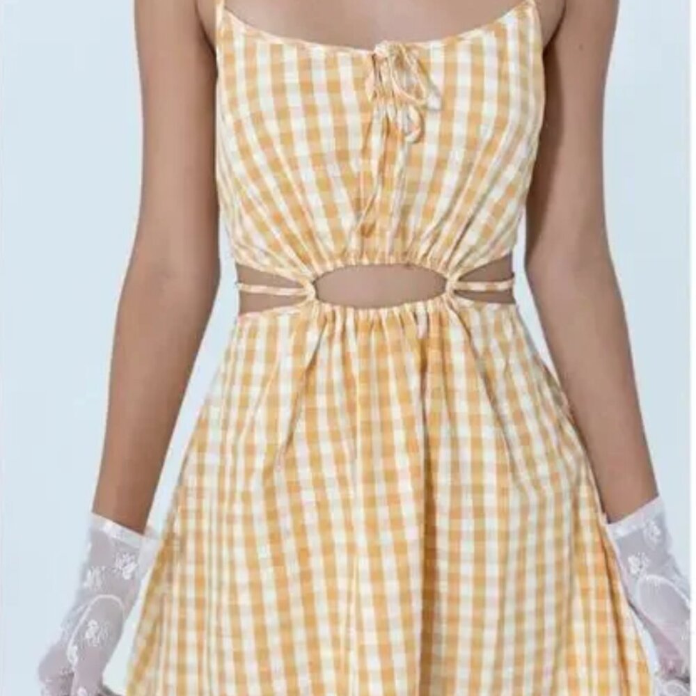 Find Me Now Gingham Sacha Mini Dress in Cornsilk with Cutouts and Pockets - M